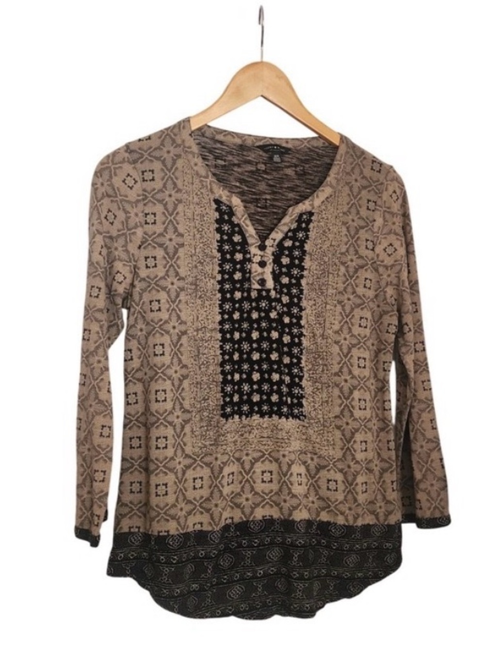 Lucky Brand Top Sz M Boho Floral V Neck Long Sleeve Brown Black
